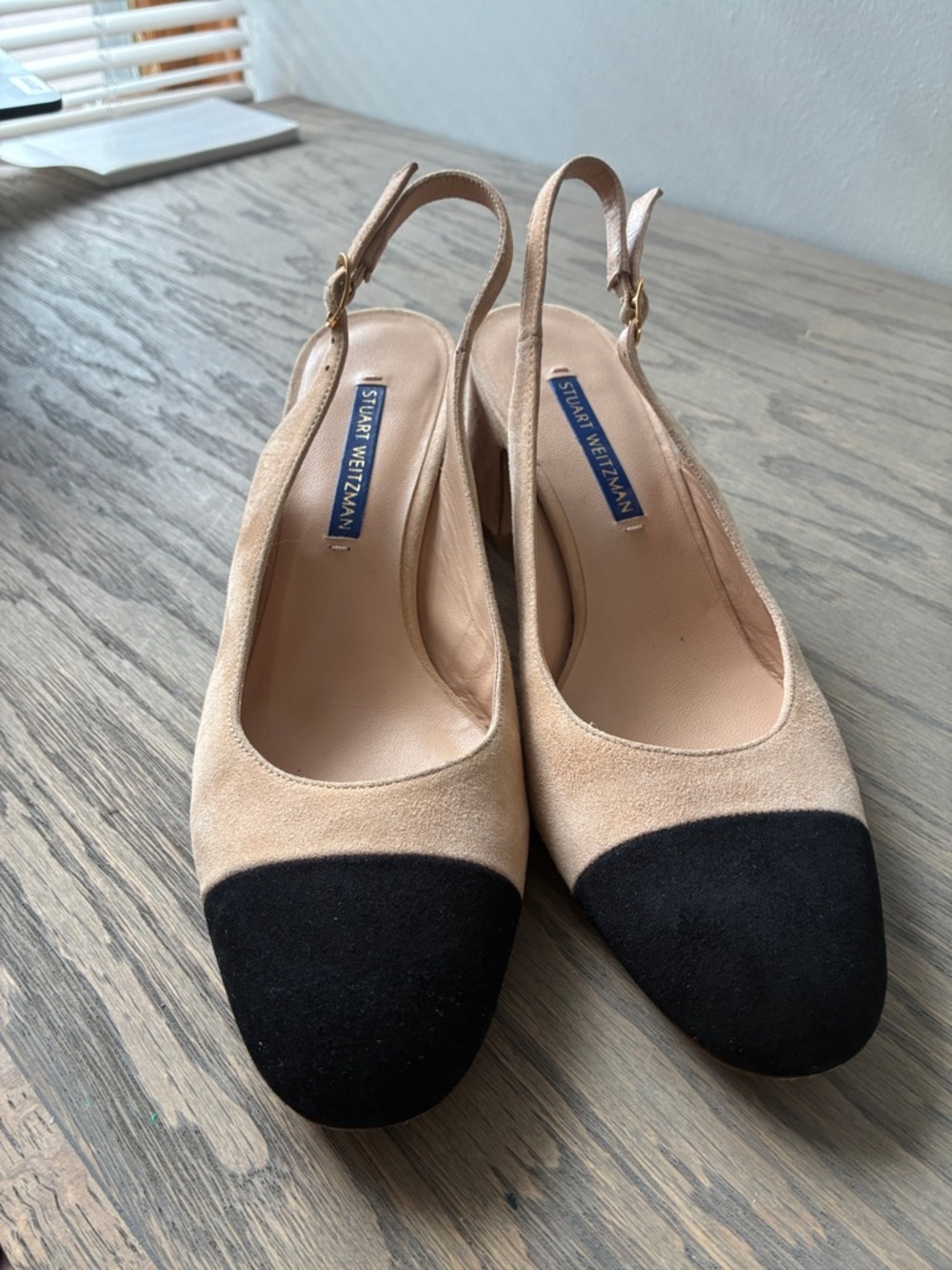 Stuart Weitzman Two-Tone Beige and Black Slingback Clogs - Picture 2 of 11